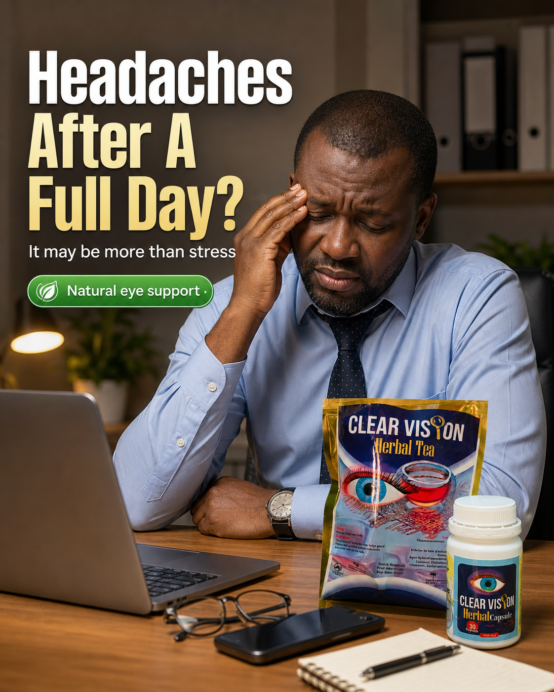 Tired Nigerian man with headaches after a full day